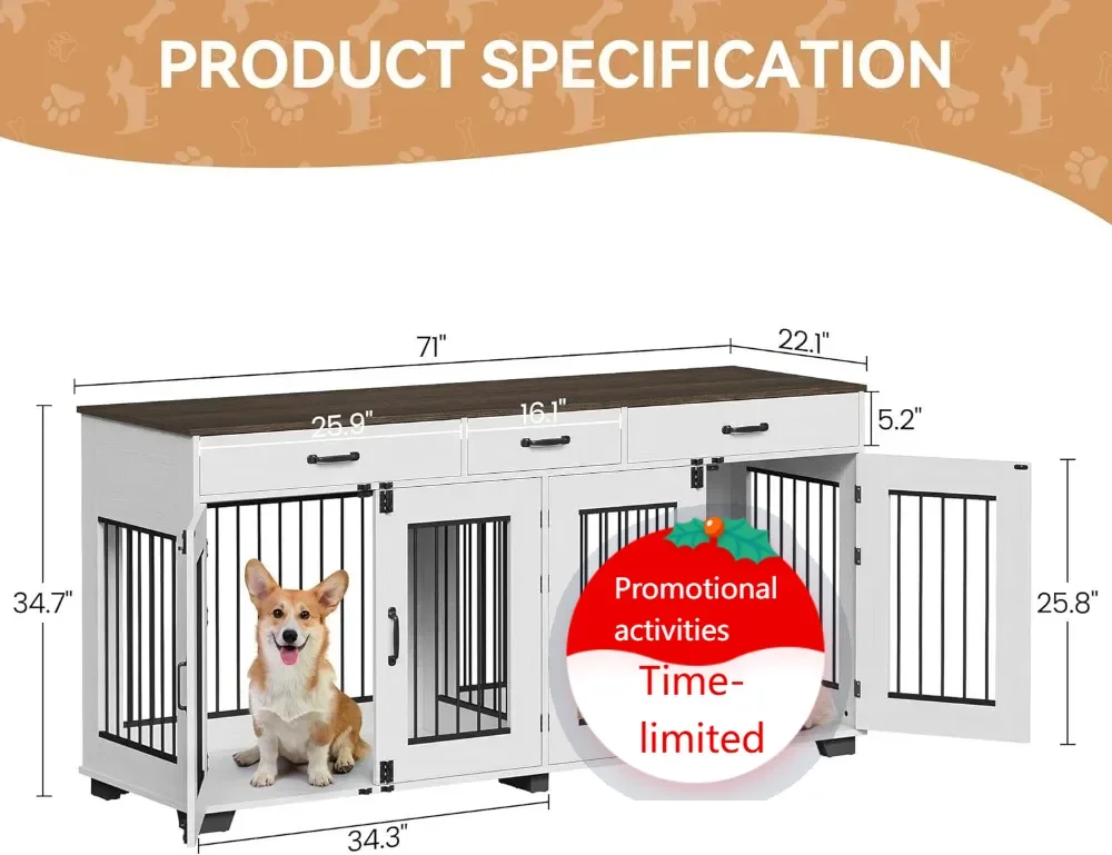 

Деревянная мебель-клетка для собак 71 дюймов с 3 ящиками, съемной перегородкой и подставкой под ТВ для крупных и средних собак, белая
