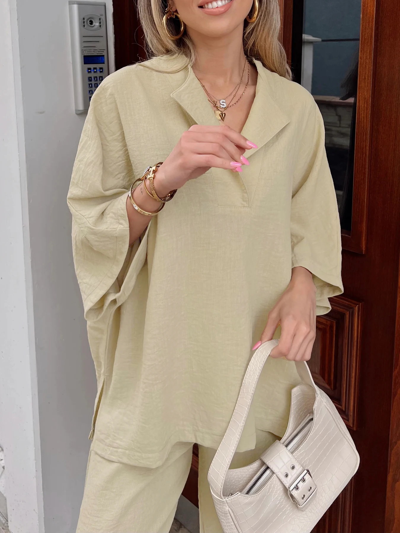 

Women's Blouse Spring Summer Pale Yellow-Green Collar Batwing 3/4 Sleeve Linen-like Oversized Mini V Neck Casual Daily Top