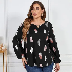 Weibliche Blusen plus Größe Pluma -Drucktife v Hals T -Shirts Blusen um Hals t schwarze schwarze Ärmel Frühlingskleidung 10 Hauptverkäufe Black Plus Size Bluse - №7