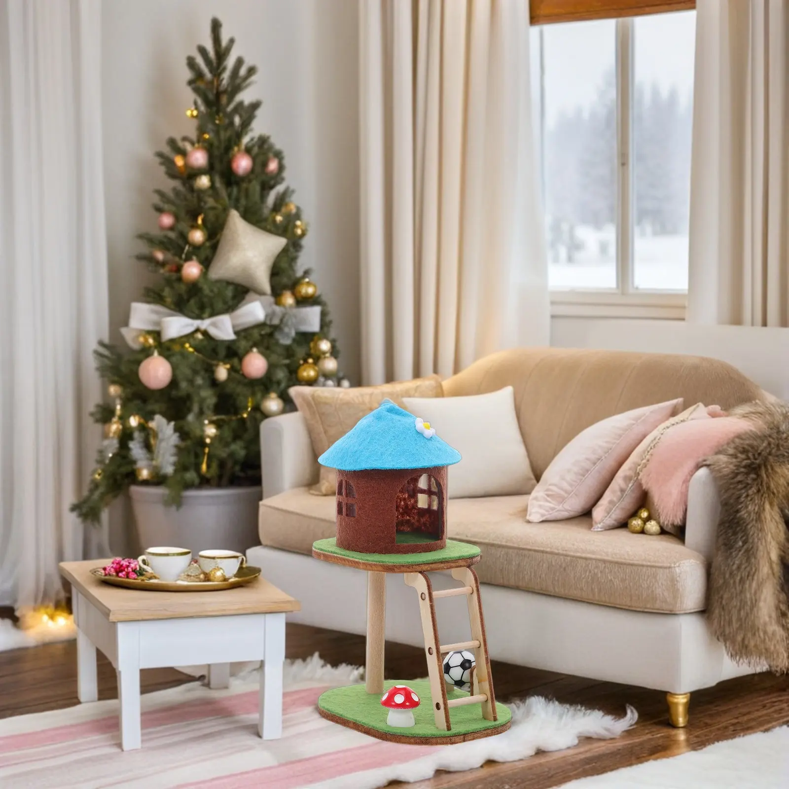 

Mini Cat Climbing Frame Wooden Compact Cat Tower for Dollhouse Decor Desktop Miniature House Accessories Display