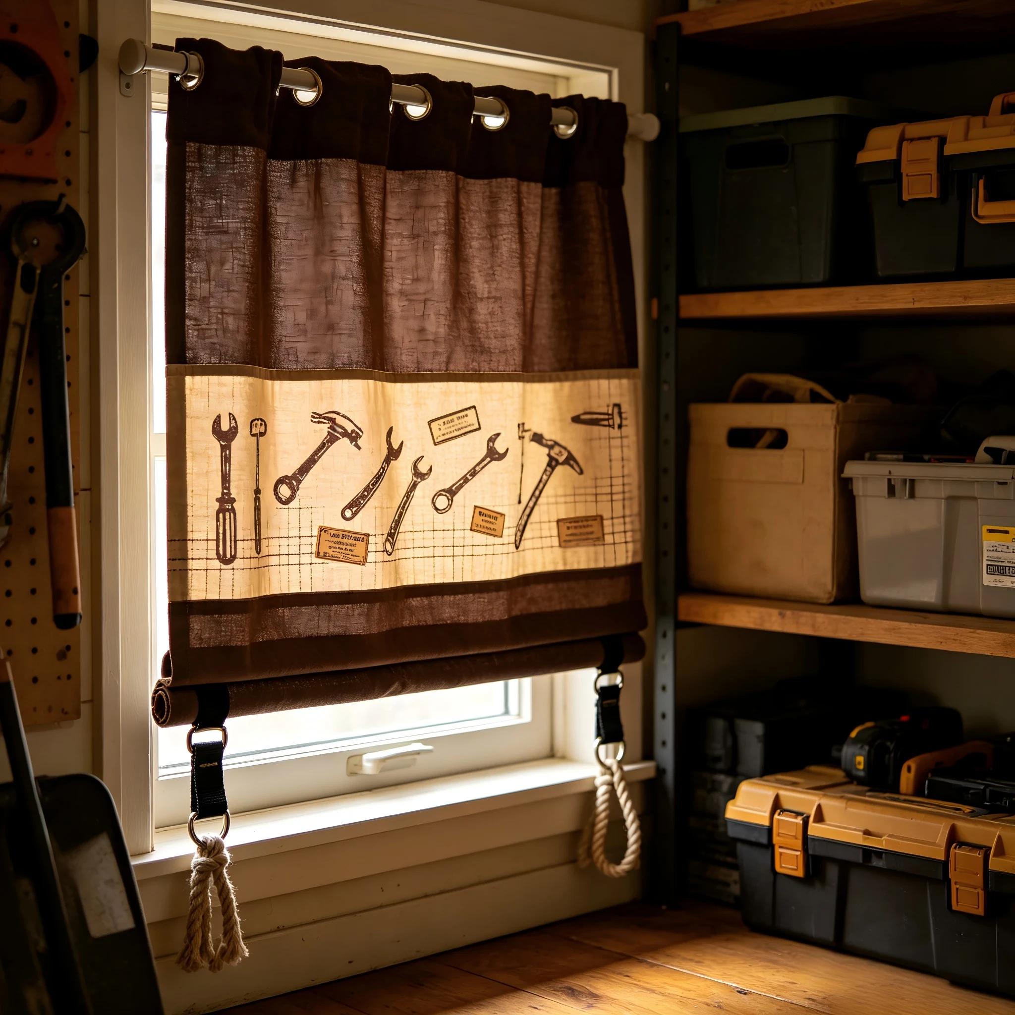 200323   Storage room small window: dark brown thick canvas x khaki polyester, vintage tool silhouette curtains