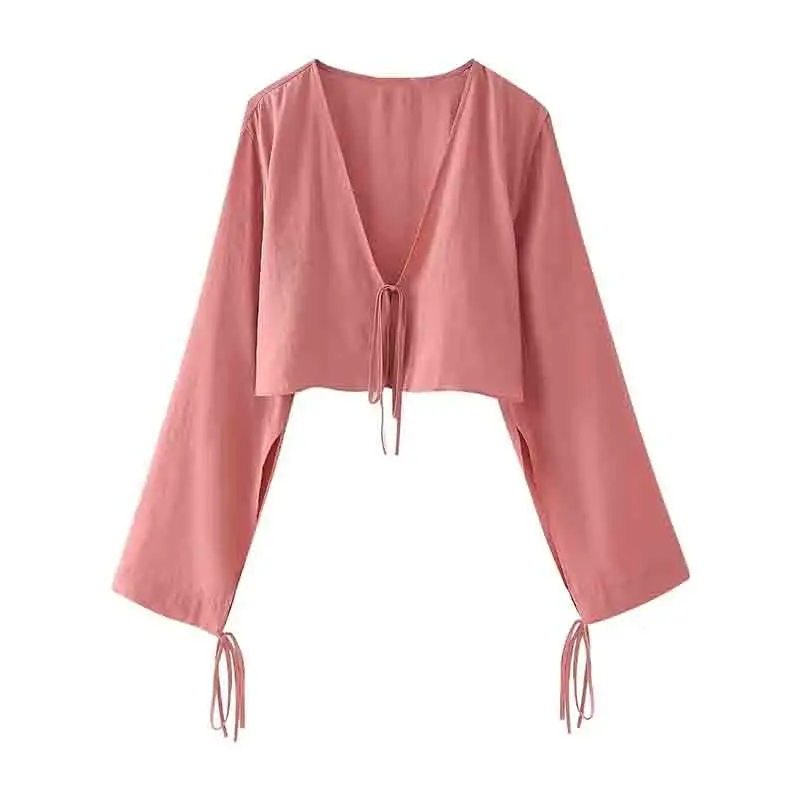 ZHUISHU Flowing Cropped Short Shirt Women Summer Lace Up Sexy Long Sleeves With Tied Openings Blouses Bow Lightweight V Neck Shi