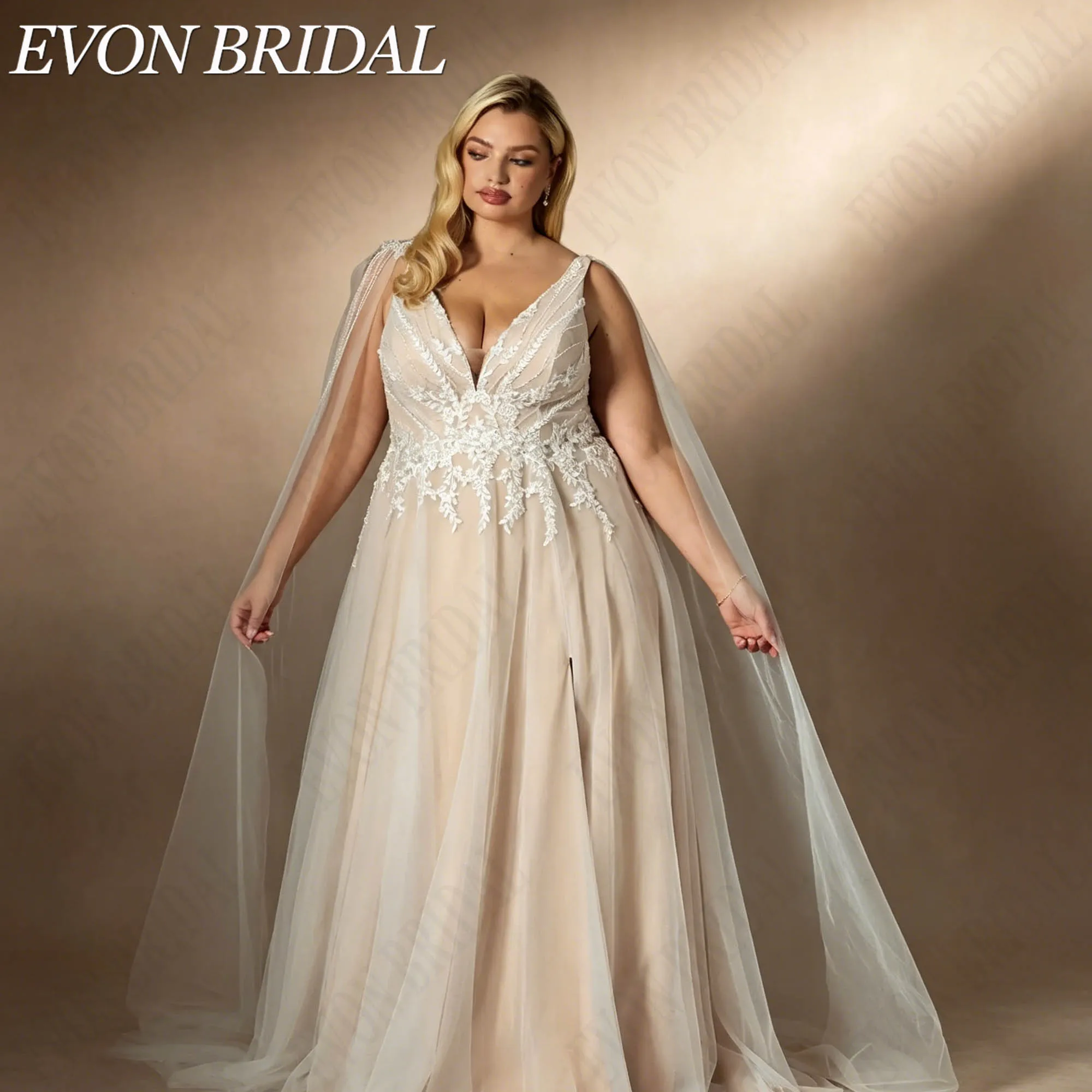 EVON BRIDAL Plus Size Deep V Neck Bridal Dress Lace Appliques With Jacket Sleeve Wedding Gown Outdoor Abito Da Sposa Customized