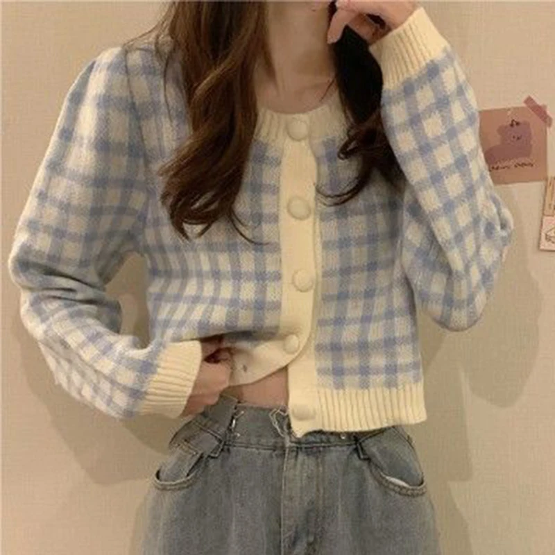 Gidyq Korean Autumn Plaid Cardigan Women Button Knit Casual Crop Top Female Fashion All Match Long Sleeve Sweater Cardigan Coat