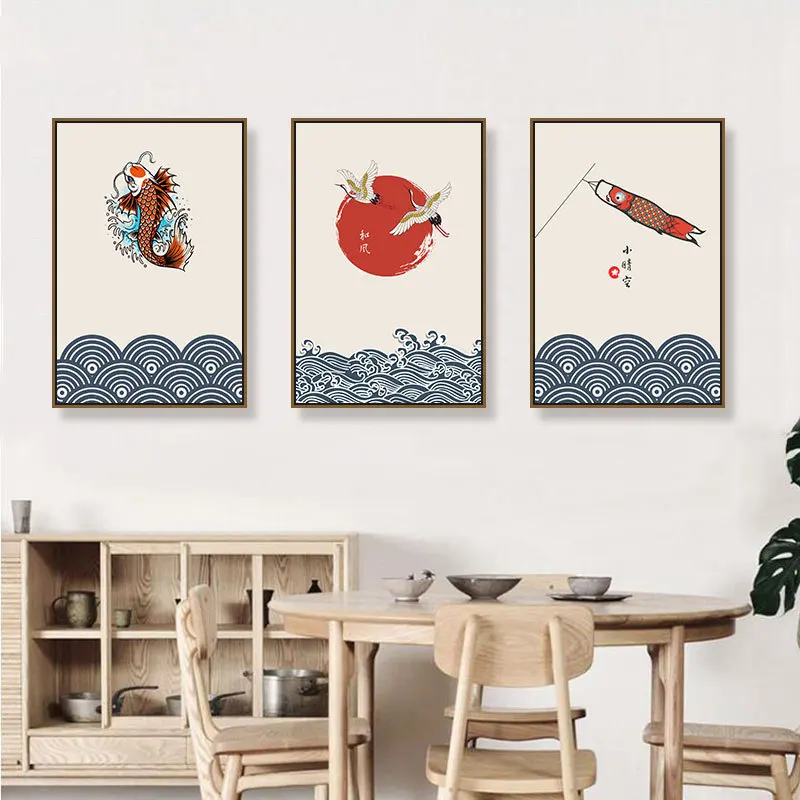 Japanese Decorative Painting Fortune Attracting Cat Hanging Painting Sushi Restaurant Tatami Crane Cherry Blossom Sea Wave Mural