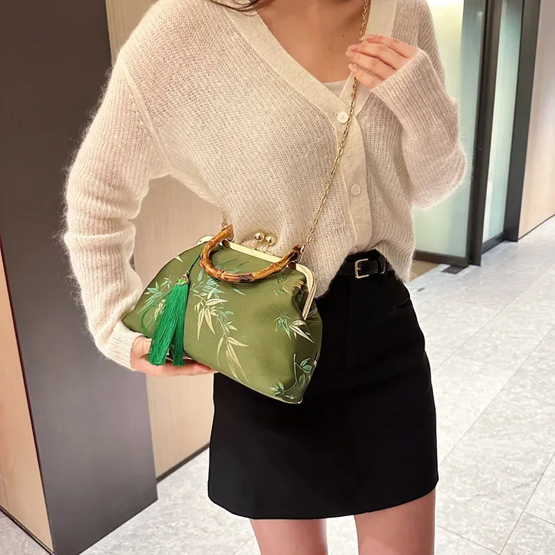 Retro Women Fringe Small Shell Clip Prom Clutch Tassel Messenger Bags Lady Chain Shoulder Bags Bamboo Leaves Handbags And Purses