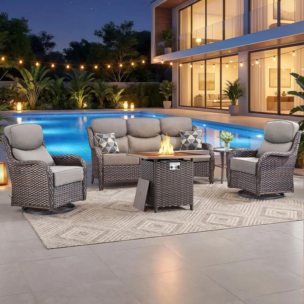 

6 Thick Cushion Patio Furniture Set with Fire Pit, Swivel Chairs, Side Table, Sofa, 5-Piece Wicker for Deck and Poolside (Grey)