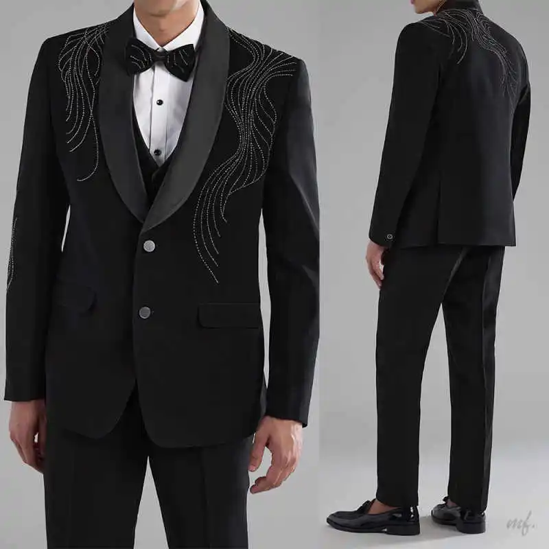 

Fashion Beaded Men Suits Shawl Lapel Single Breasted Groom Wedding Tuxedos Beaded 2 Pieces Customized Prom Wear
