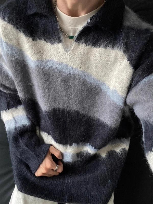 

Autumn Winter American Retro Lazy Sle Fake Fur Color Blo Striped Men's Knitted Sweater Overhead Casual Long Sve irt