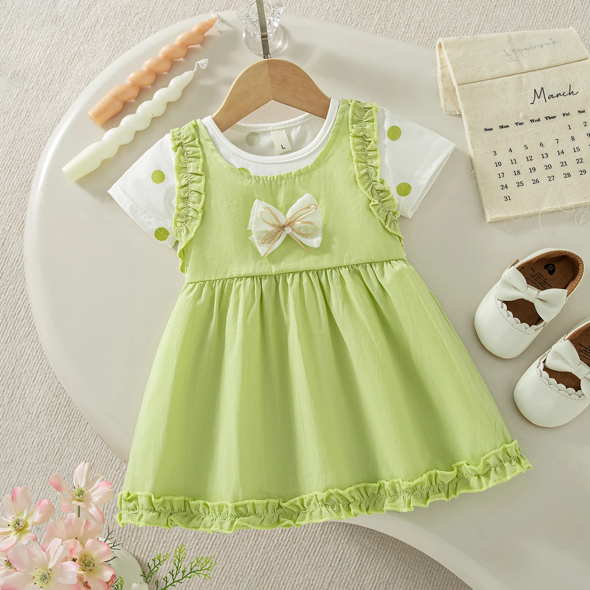 Summer new sweet bow baby girl dress cute polka dot short sleeved children's clothing (6-24 months)