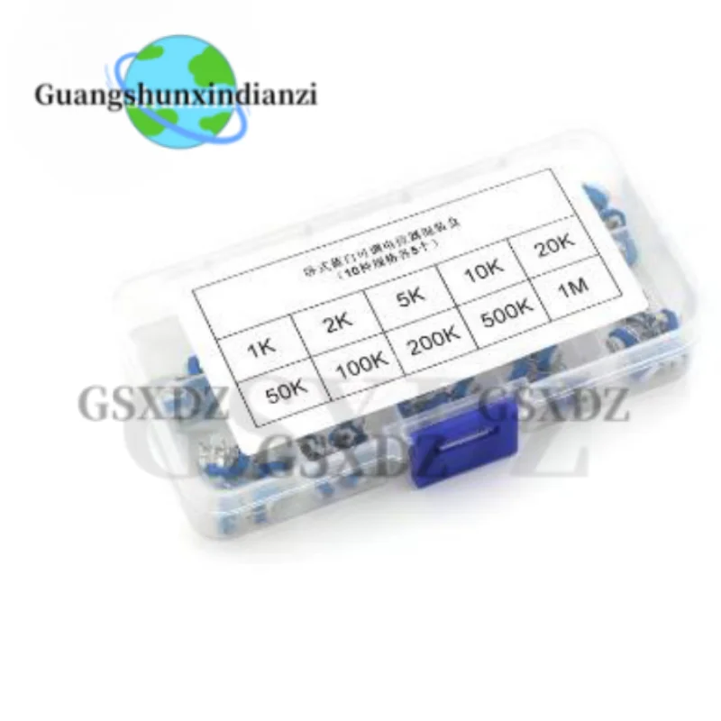 1Pack vertical blue white adjustable resistor kit 100 ohm -1M ohm 10kinds * 5 PCS=50PCS potentiometer