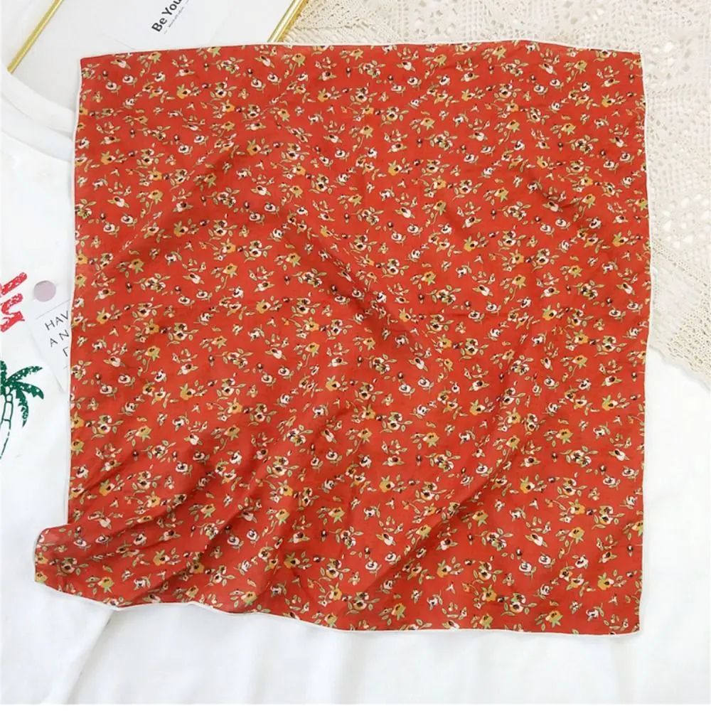 Flower Headband Cotton Linen Square Scarf Pastoral Style Head Scarf Floral Kerchief Neckerchief Scarves Printed Silk Scarf Women view 2