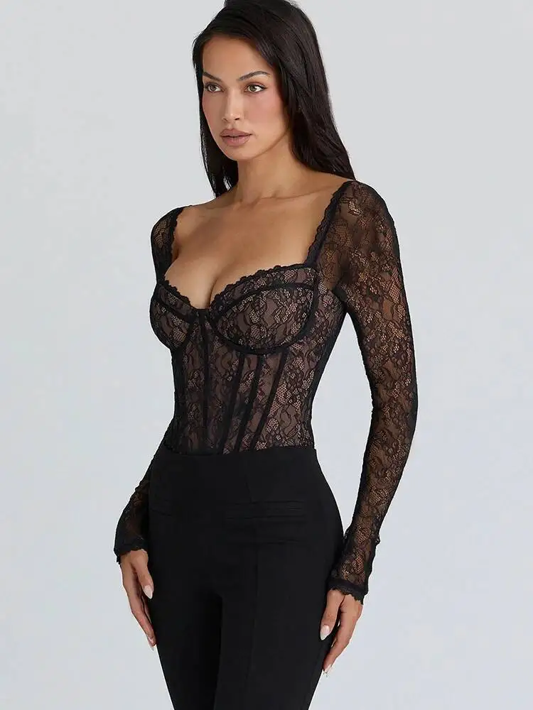 JULISSA MO Sexy Square Collar Sheer Lace Zipper Women Bodysuit Long Sleeve Print Floral Lady Winter Bodycon Elegant Playsuit New