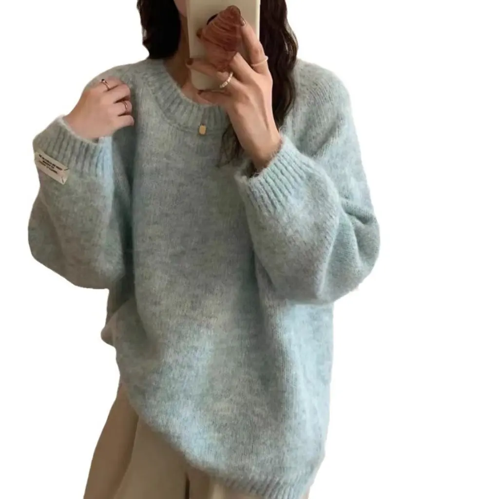 

Свободный пуловер в корейском стиле, свитер с круглым вырезом и длинными рукавами, мягкий вязаный топ воскового цвета на осень и зиму, ленивый стиль