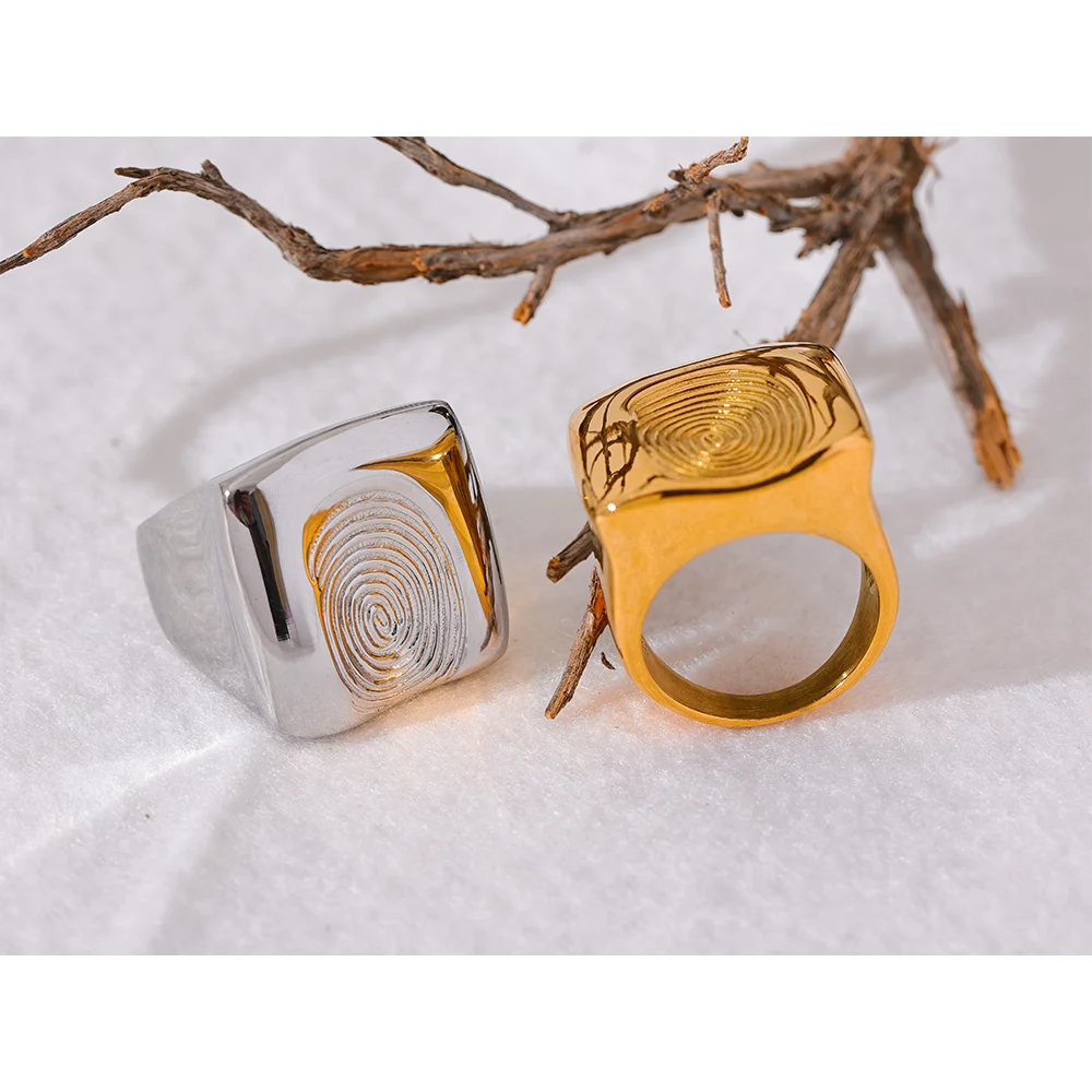 Yhpup Personalized Stainless Steel Square Fingerprint Wide Ring Stylish Unique Texture Metal Jewelry Women 18K Gold PVD Plated