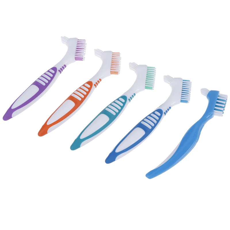 Multi-Layered Bristles Denture Cleaning False Teeth Brush Oral Care Non-slip Ergonomic Rubber Handle Dual Heads