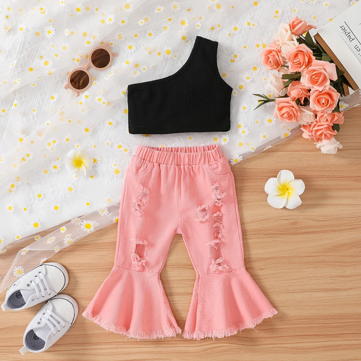 PatPat 2pcs Baby Girl 100% Cotton Ripped Denim Flare-sleeve Jeans and One Shoulder Crop Tank Top Set Suitable for Summer Season