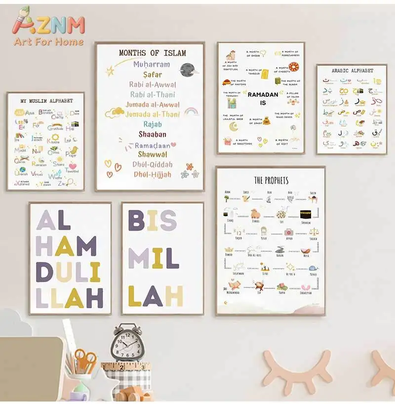 Islam Muslim Prophets Arabic Alphabet Allah Quran Personalization Children Nursery Wall Art Painting Poster Baby Kids Room Decor