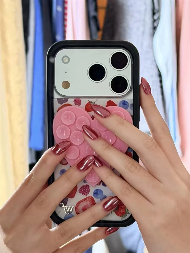 Wildflower Love Sucker Sucking Disc Strawberry Phone Case For iPhone 18 17 16 15 14 13 Pro Max Star Suction Cup Stickers Cover