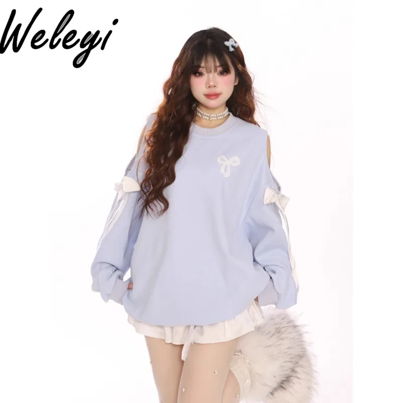 

Sweet Off-the-shoulder Bow Strap Blue Sweatshirt Autumn and Winter Oversize Women's Long Sleeve Hoodies Top Clothes for Women