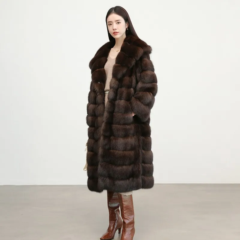 New purple black and gold hooded long mixed fur coat for women