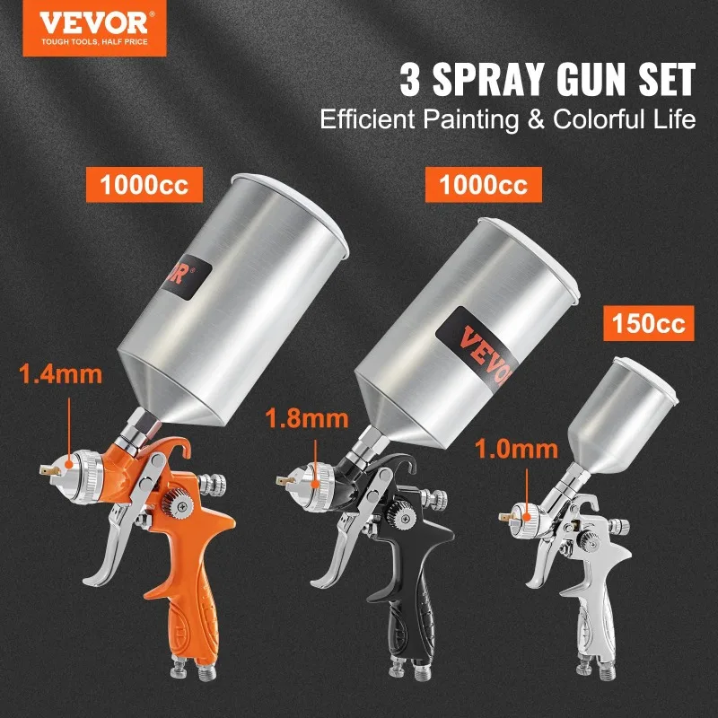 VEVOR Auto Paint Air Spray Gun Kit Gravity Feed Car Primer 1.0/ 1.4/ 1.8 mm Nozzle