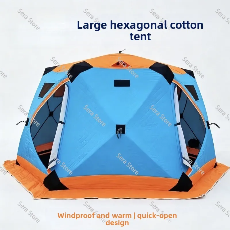2.6m Thickened Hexagonal Cotton Dome Tent, Insulated Camping and Ice Fishing Tent with Chimney Opening