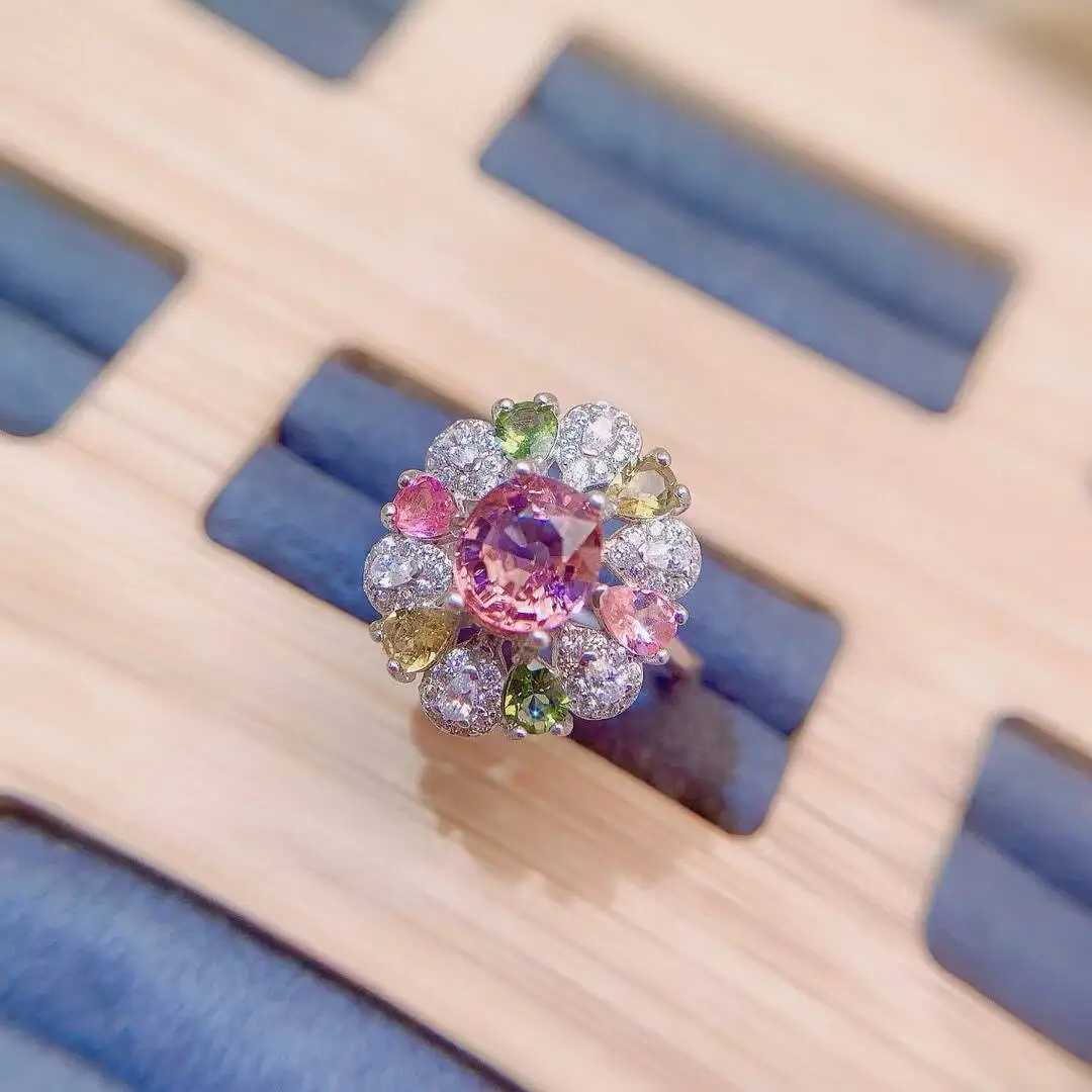 KJJEAXCMY high-grade Natural Women's Tourmaline Ring S925 Silver Colorful and splendid Crystal pure fire flash explosion