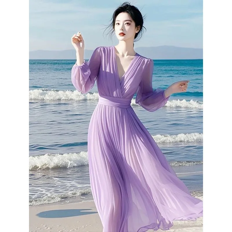 

Новое летнее женское фиолетовое платье 2026 года с V-образным вырезом, длинным рукавом, элегантное, приталенное, в стиле бохо, для отпуска и пляжа, женское платье-сарафан