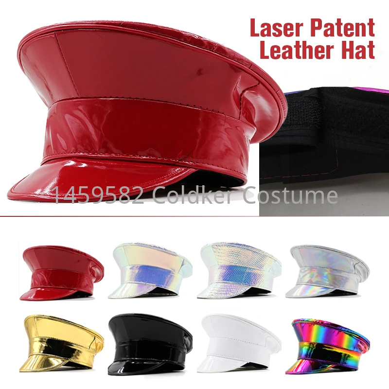 Women Men PU Leather Captain Cap Rainbow Laser Patent Leather Military Hat Prom Performance Bar Cosplay Show Hat Beret Cap