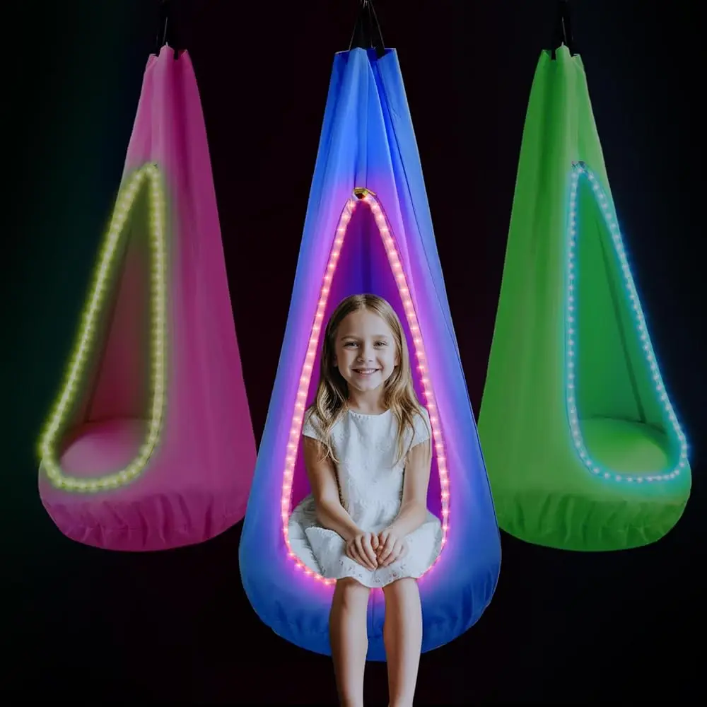

Light Up Kids Pod Swing Seat, Sensory Swing For Kids With Remote Control Usb Led Lights And Inflatable Cusion, Hanging Hammo