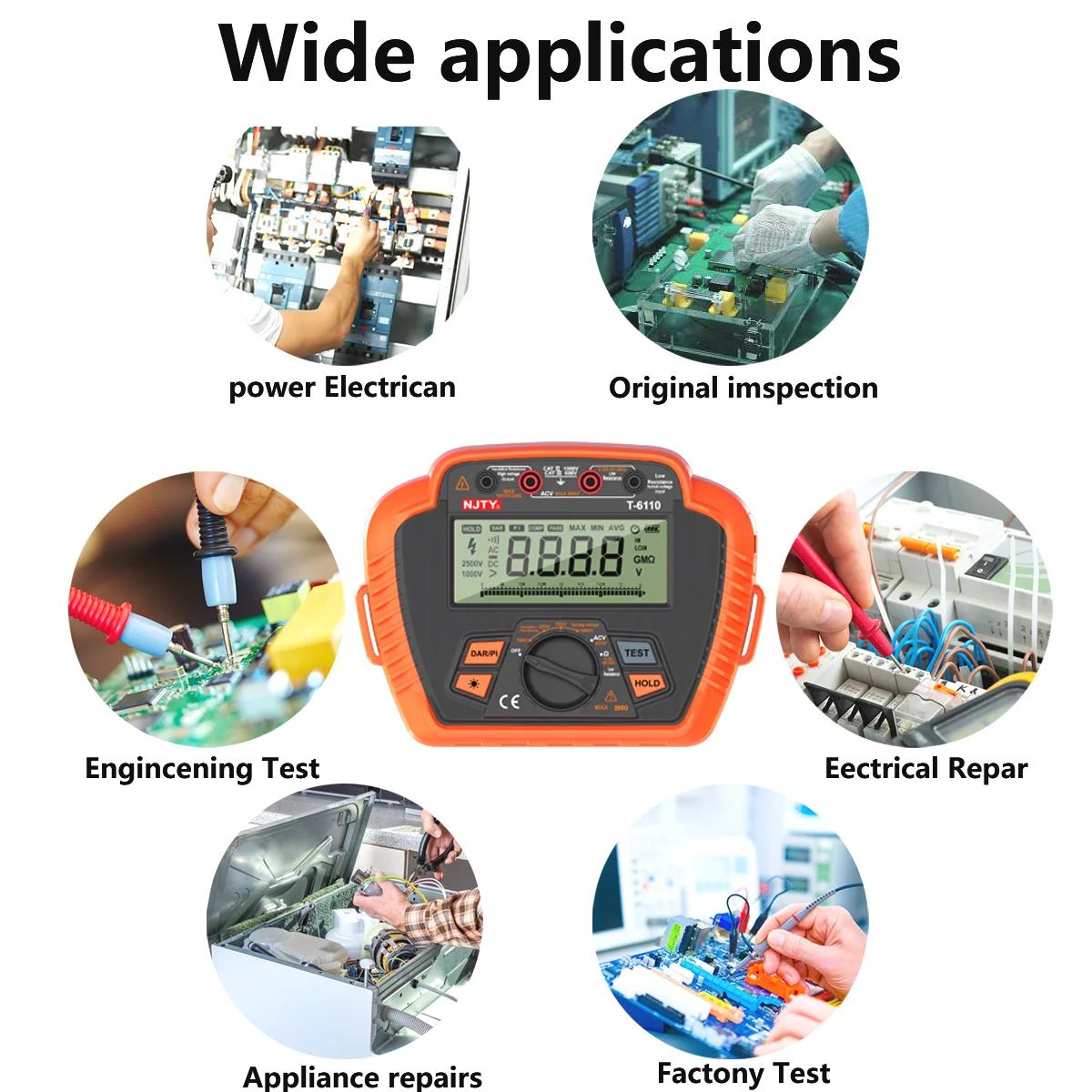 NJTY Tester rezystancji izolacji cyfrowy megometr 1000V/2500V, MAX 20G Ω/200GΩ, pomiar współczynnika absorpcji niska oporność