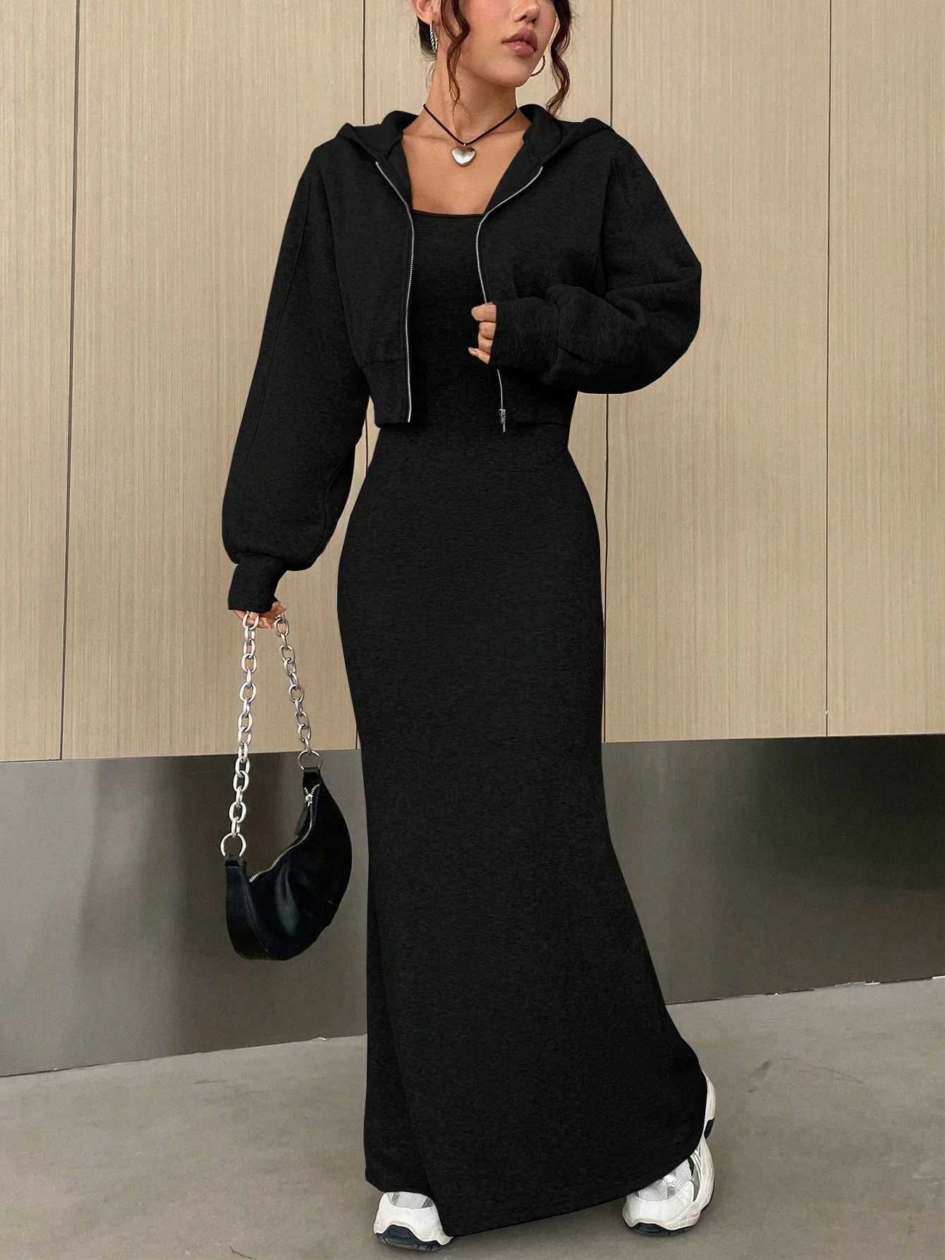 

Women's Two Piece Black Hooded Cropped Jacket And Cami Maxi Dress Set