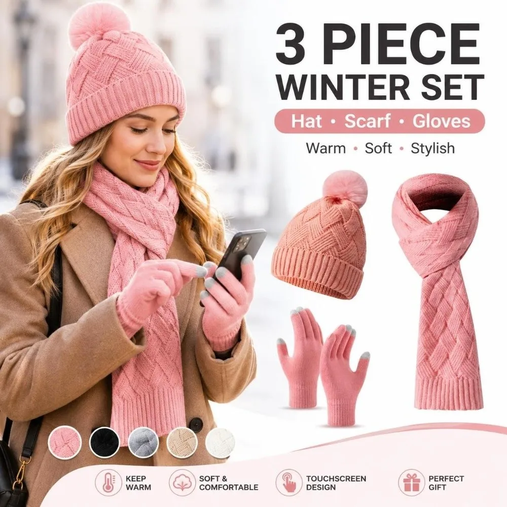 3Pcs/Set Warm Winter Hat Scarf Gloves Set Thicken Knitted Scarf Neck Warmer Suit Elastic Windproof Touchscreen Gloves