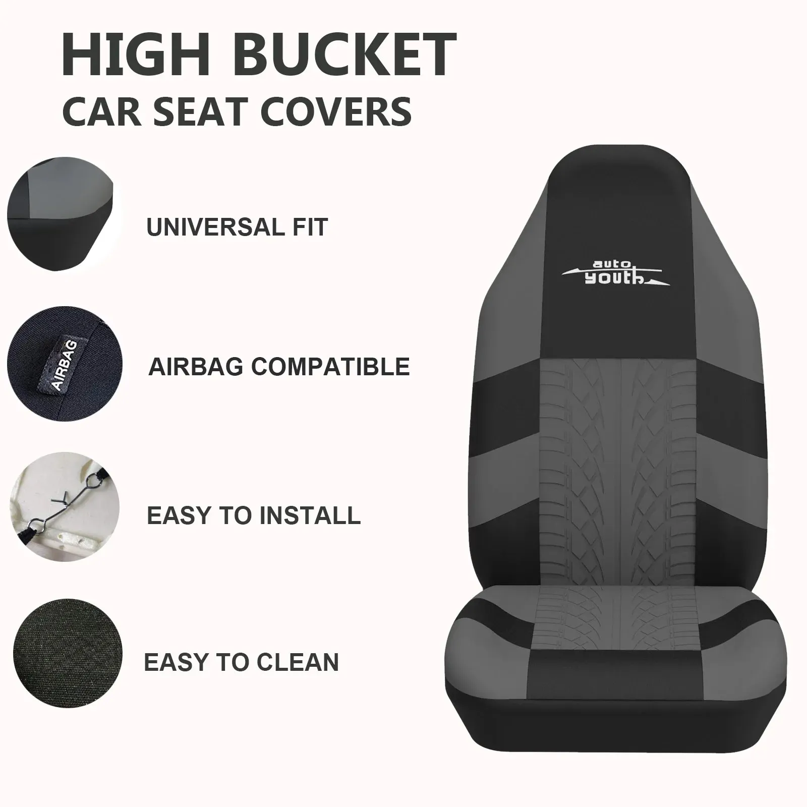 AUTOYOUTH 2PC Pokrowce na fotele samochodowe Bucket Gray Tire Style Dla INSIGNIA A (G09) Dla POLO (6R1, 6C1) Dla A4 B7(8EC) Dla LAGUNA II — zdjęcie 4