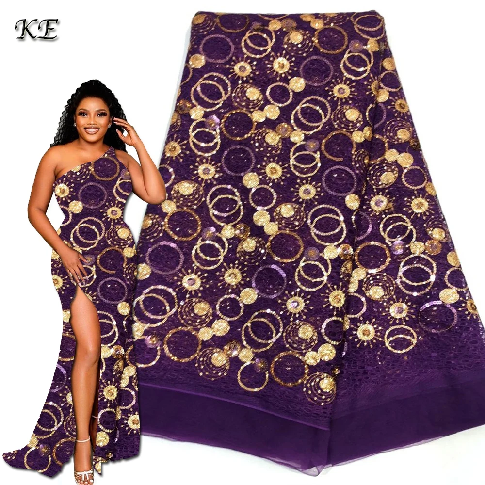 High Quality Double Net Fabric Cord Lace African Bridal Purple Lace With Gold Sequins For Sewing Wedding Dress