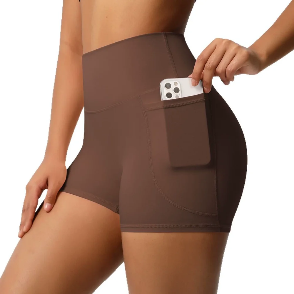 Women's High-Waist Tight Butt Lifting Yoga Shorts With Pockets Sports Shorts Solid Color Running Cycling Fitness Workout Pants