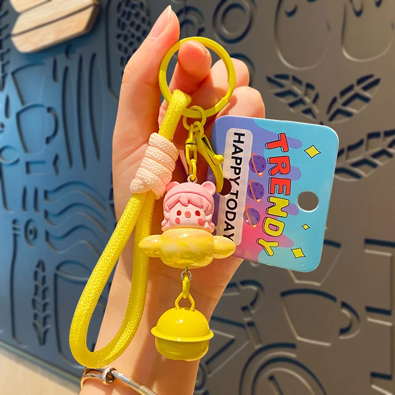 Cartoon Electroplated Bubble Female Pilot Helicopter Keychain Doll Cute Pink Girl On Plane Bell Bag Pendant Braided Rope Keyring