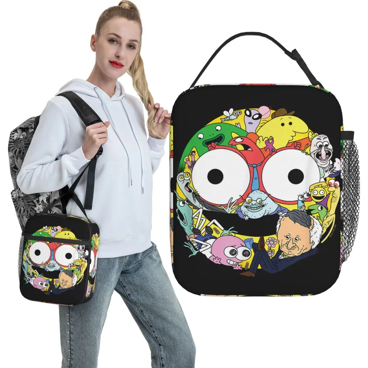 Smiling Friends Smiley Face Character Collage Funny Cartoon Lunch Bag Retro Lunch Box School Portable Thermal Tote Handbags