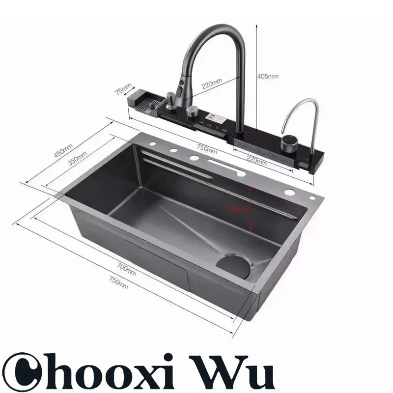 CHOO XIWU-수도꼭지가 있는 스테인리스 스틸 주방 싱크대, 대형 싱글 볼, 폭포 비, 5 가지 기능 시스템, 접시 대야 싱크대, 디지털 디스플레이