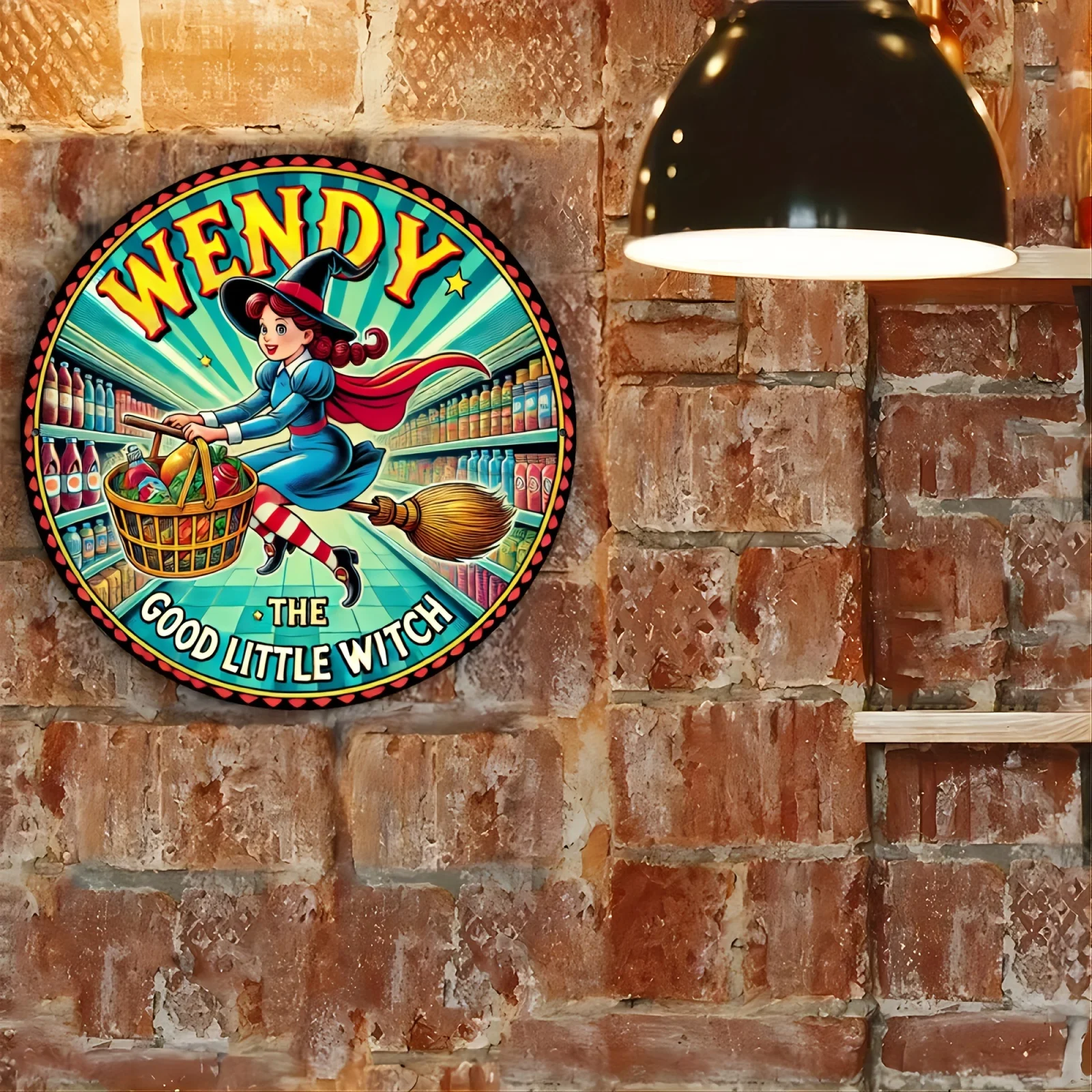 2D Flat - Kind Little Witch Cartoon Retro Metal Tin Sign. 8X8 Inches (20X20 Cm), 2D Round Iron Sign Metal Sign Funny Metal Wall