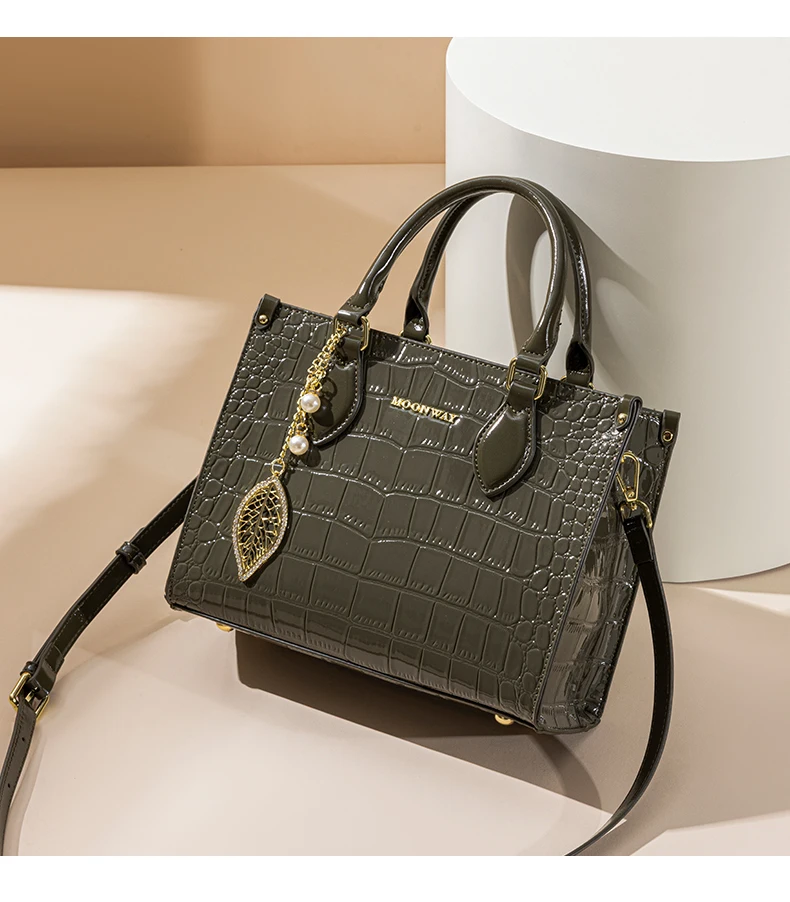 Croc Embossed Top Handle Bag Glossy Elegant Crossbody Purse Shiny Square Shoulder Satchel Handbags For Women With Leaf Pearl Charm