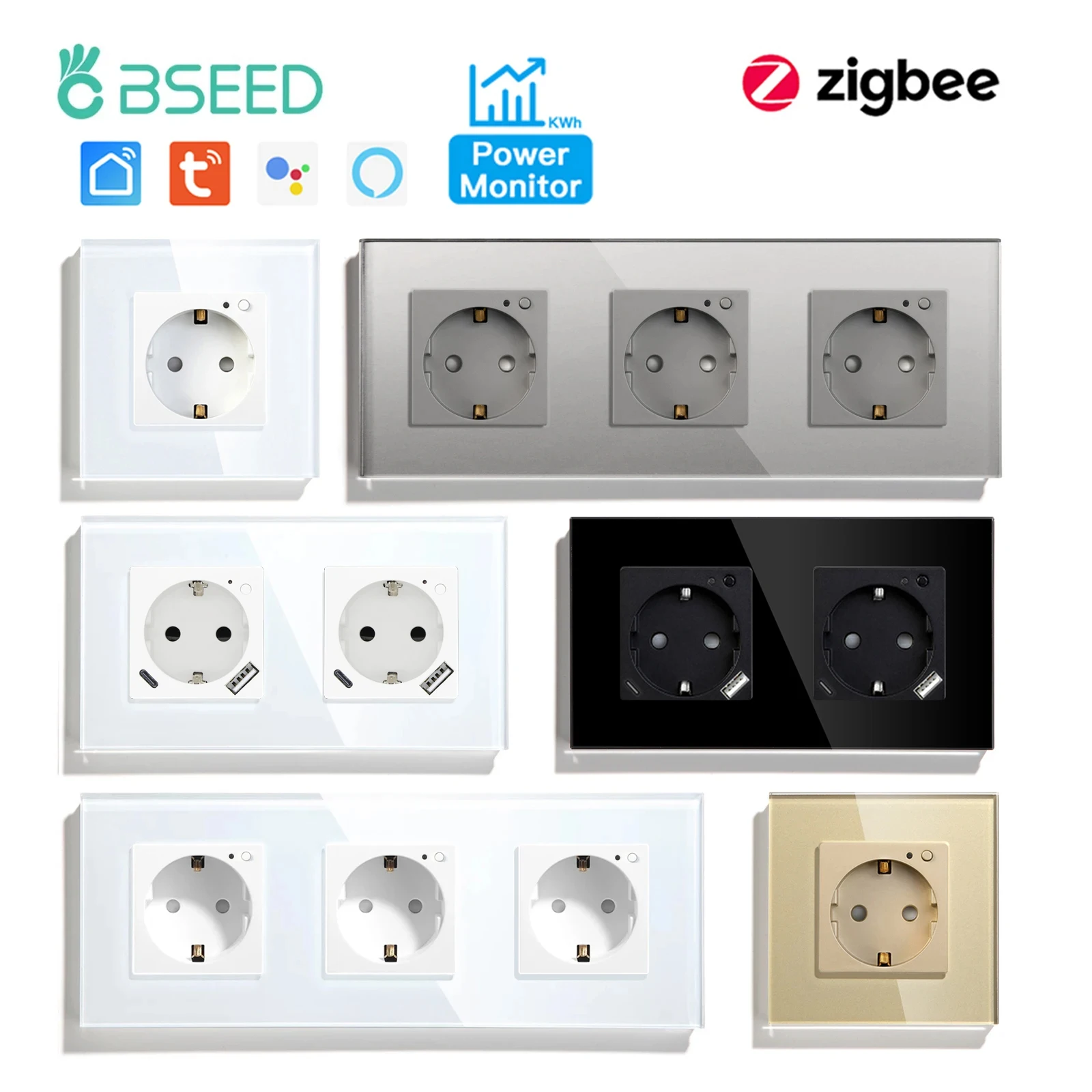 BSEED Single Zigbee EU Socket Double Smart Wall Sockets Triple Power Sockets With Type-c USB 20W Tuya Smart Life Alexa Control