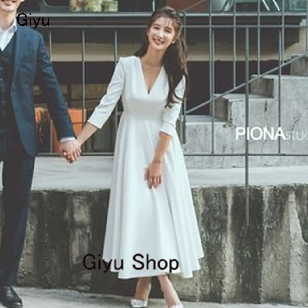 Giyu Simple A-line Korea Wedding Dress Photoshoot V-Neck Soft Satin Tea-length Bridal Gown 웨딩드레스 Evening Gown Dress