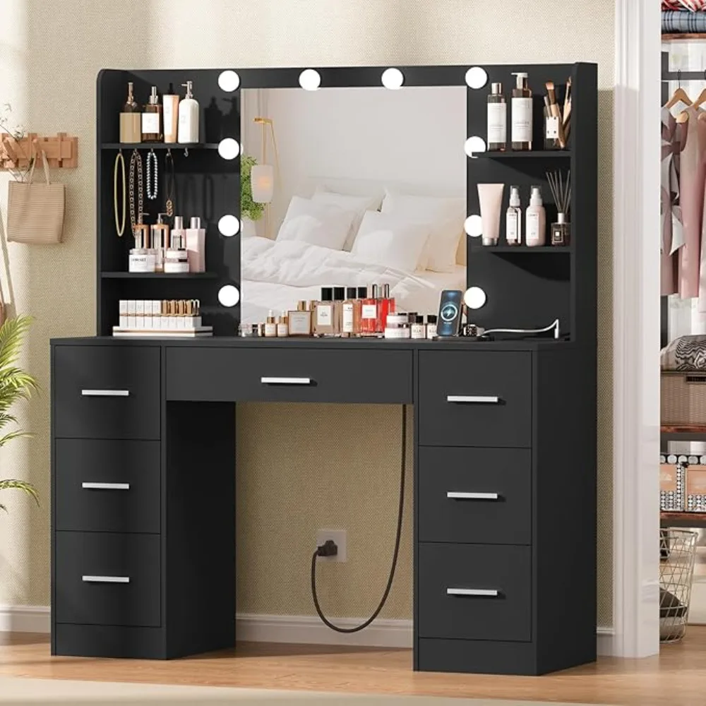 Large Vanity Desk with LED Lighted Mirror & Power Outlet, Makeup Vanity Table with 7 Drawers,4 Shelves and 5 Hooks, Vanity Table