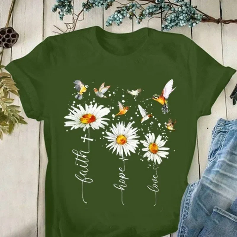 Mulheres Faith Hope Love Camiseta com estampa Margarida, manga curta, gola O, camiseta solta, tops de verão