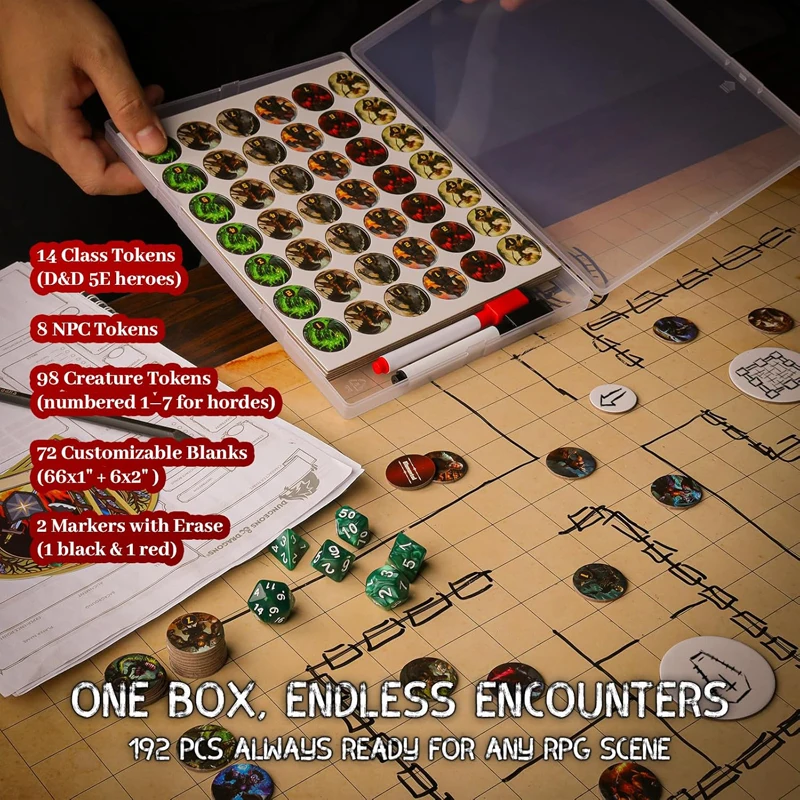 Conjunto de tokens de apagamento a seco CZYY RPG - 192 PCS |   Tokens em branco reutilizáveis, tokens de criatura, personagens da classe 5E com canetas fabricanteas