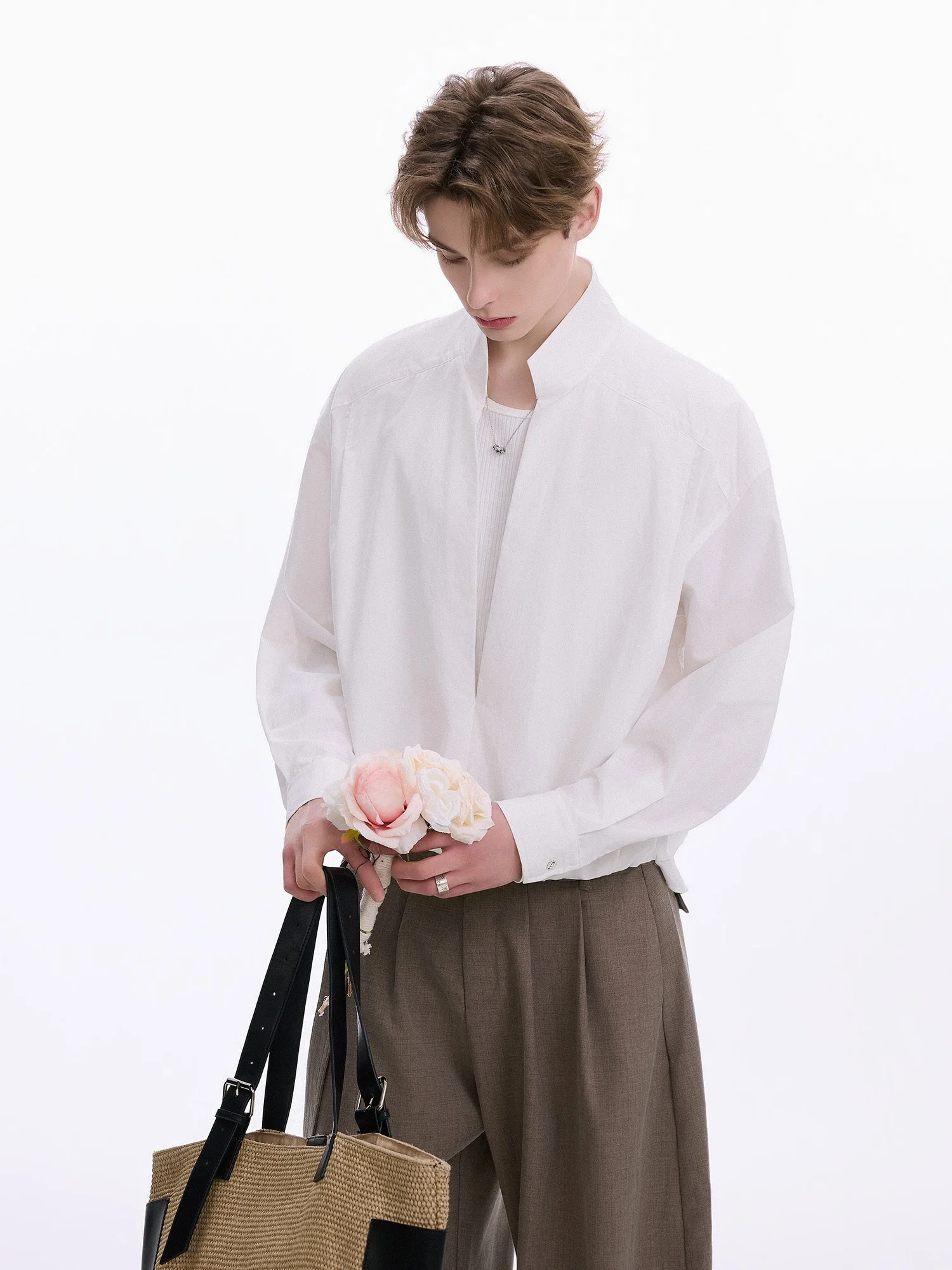 

CHOR Men's Minimalist Style Long Sleeve Loose Fit Overhead Wash Cotton Silk Cotton Shirt Regular Sleeve Type Collar Stand up