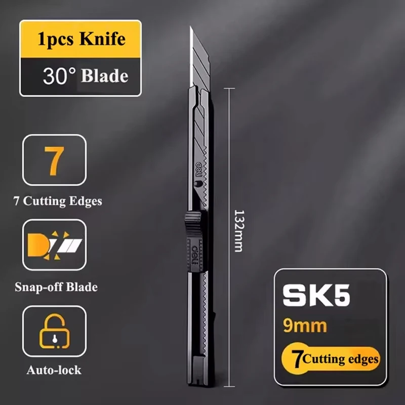 9mm Sharp 30 Degree Utility Knife Metal Stainless Steel Box Cutter SK5 Carbon Steel Black Blades Carton Paper Cutting