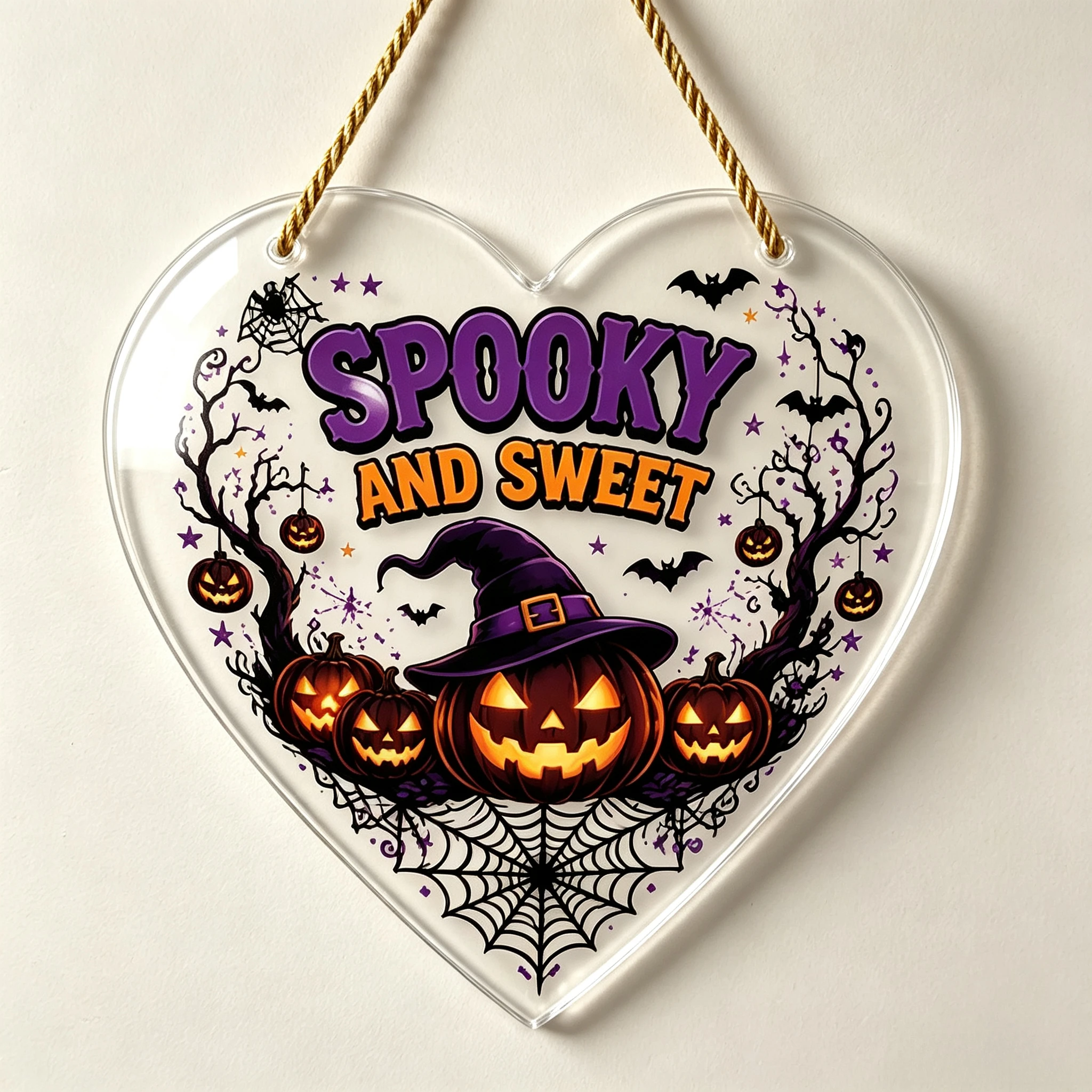 Witch Hat Jack‑O‑Lantern Acrylic Heart Ornament, Spooky Halloween Porch Hanging Decoration